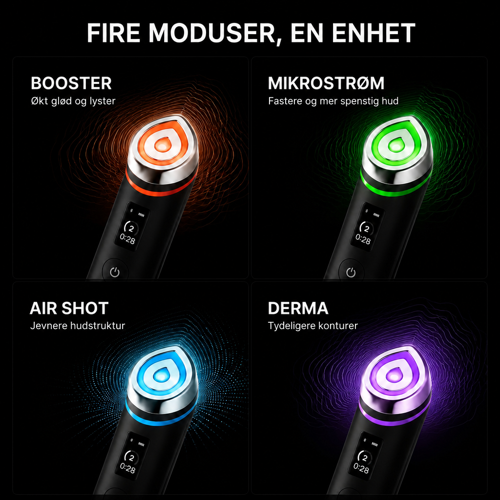Fire moduser i én enhet: Booster, Mikrostrøm, Air Shot og Derma