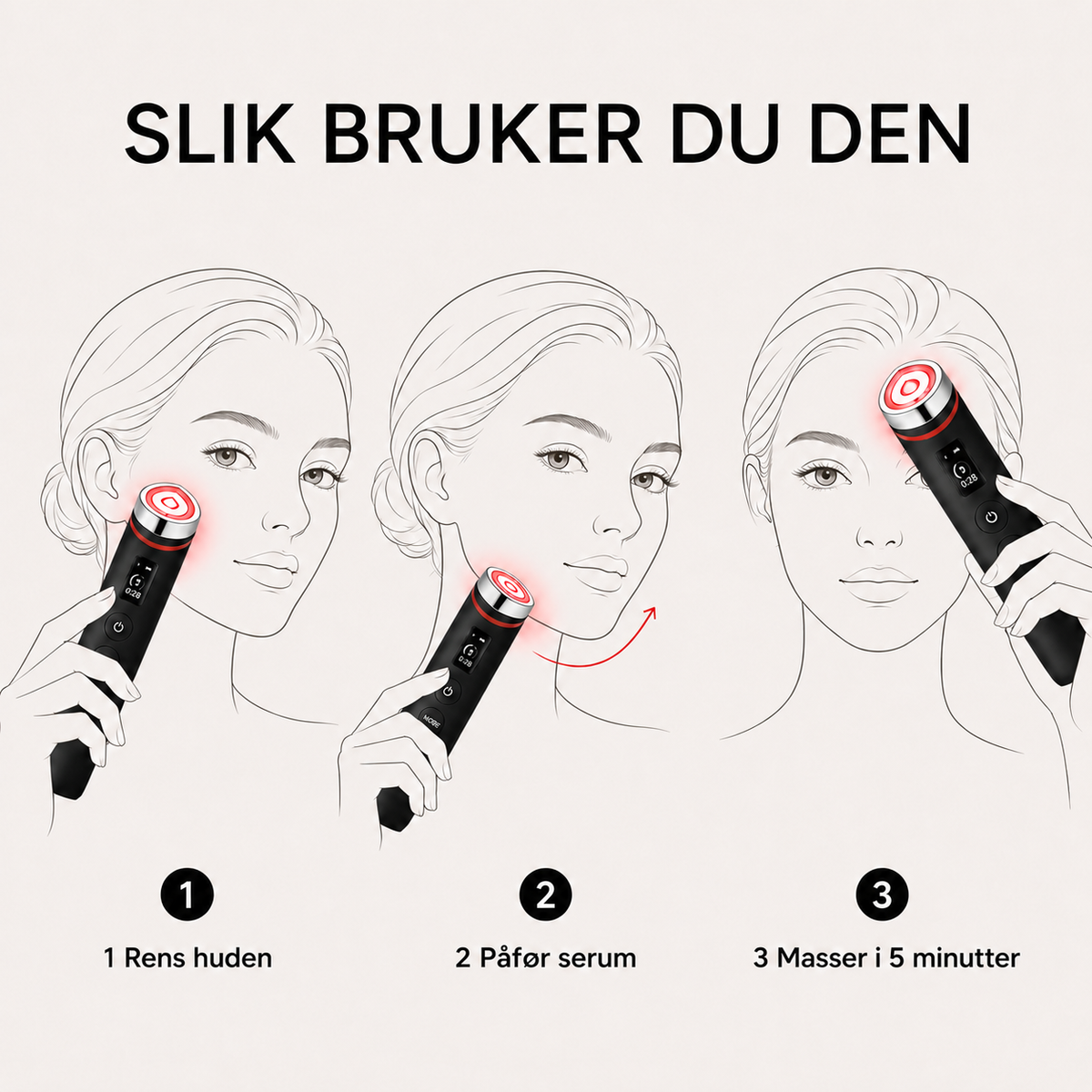Slik bruker du den: rens huden, påfør serum, masser i 5 minutter