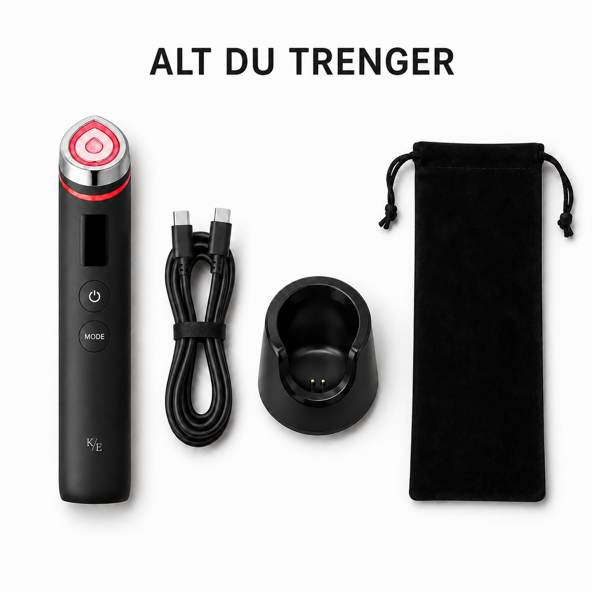 Alt du trenger: enhet, USB-C-kabel, ladestasjon og pose