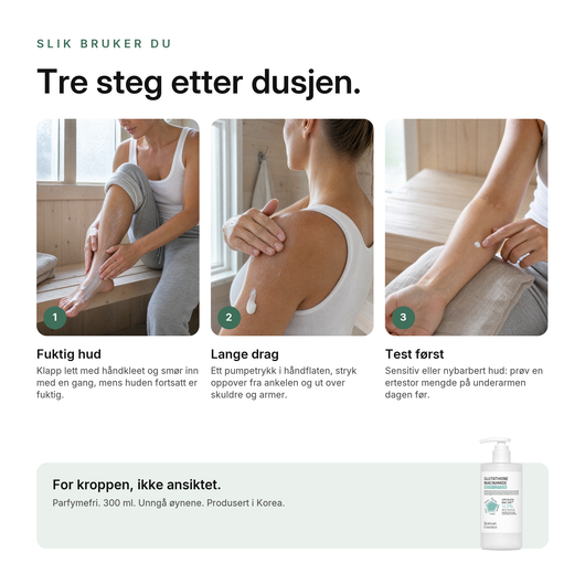 Glutathione Niacinamide Kroppslotion, slik bruker du